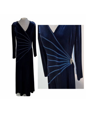 Vintage Joseph Ribkoff Blue Velvet Maxi Dress Ruched Rhinestone Women’s Size 12